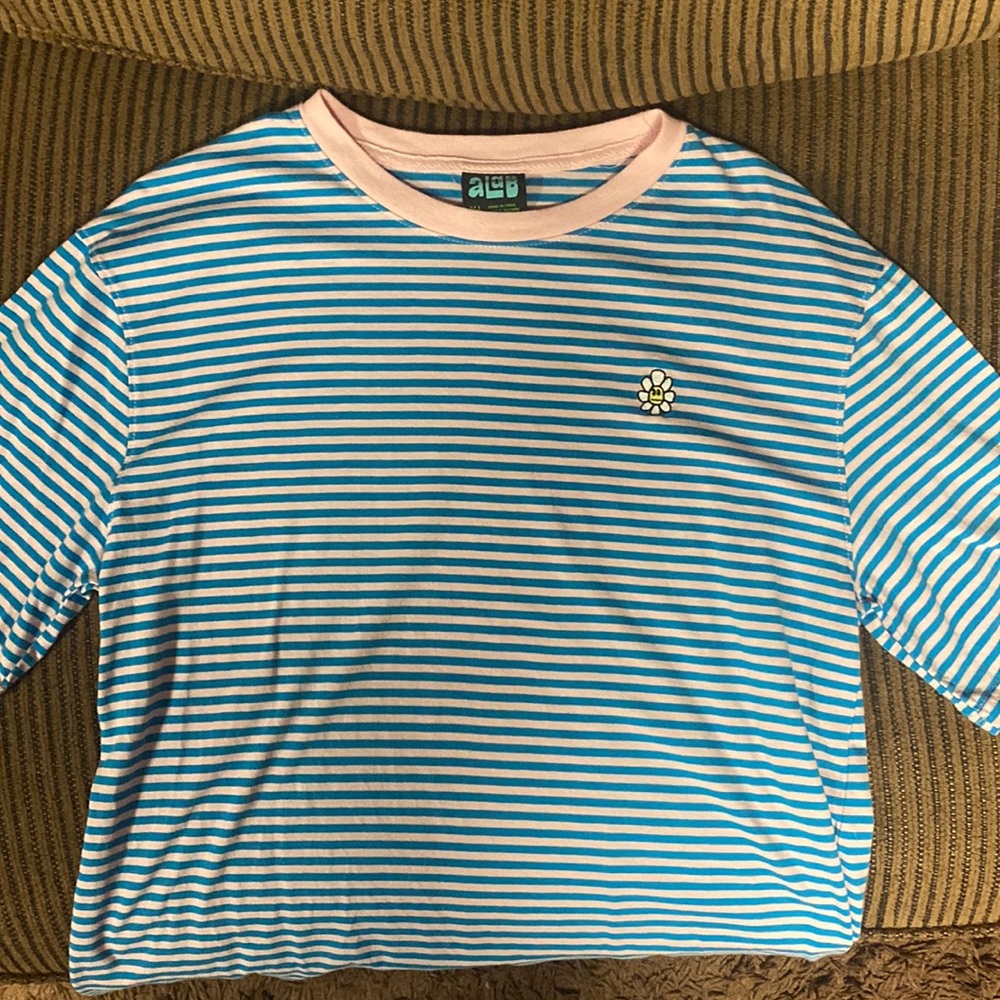 Blue and Pink Striped T-Shirt with Flower Patch
